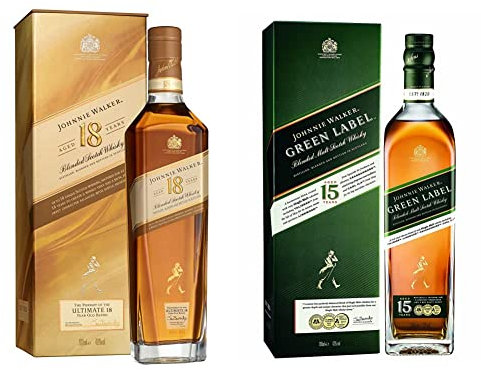 Johnnie Walker Whisky Escocés Blended 18 Años, 700ml + Green Label Whisky Escocés Blended, 700 ml