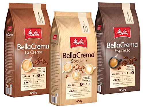 Melitta BellaCrema Probierpaket La Crema Speciale Espresso Ganze Kaffee-Bohnen 3 x 1kg, ungemahlen, Kaffeebohnen für Kaffee-Vollautomat, geröstet in Deutschland