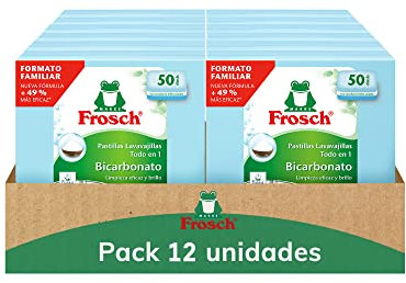 Frosch - Pastillas Lavavajillas a Máquina Todo en 1 con Bicarbonato, Limpieza y Brillo, Sin Componente Animal, Ni Fosfatos, Ni Fosfonatos, 50 Dosis - Pack de 12