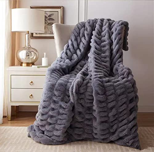 Fouriding Kunstpelz Fleece Decke - Winter Weiche Warme Blase für Bett Sofa Casual Bettdecke (Grau, 150×200CM)