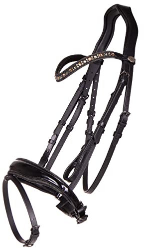 QHP Schwedische Trense Orlando Leder Lackoptik Strass Glitzer (Warmblut, schwarz/grün)