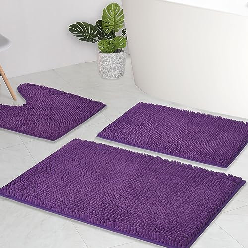 AINAHYVA Badezimmerteppiche Chenille Badematte 3-teiliges Set, Super Absorbent, Starke PVC rutschfeste Unterseite, Badteppich, Plüsch Shaggy, Dick, Maschinenwaschbar, für Badewanne, WC, Violett
