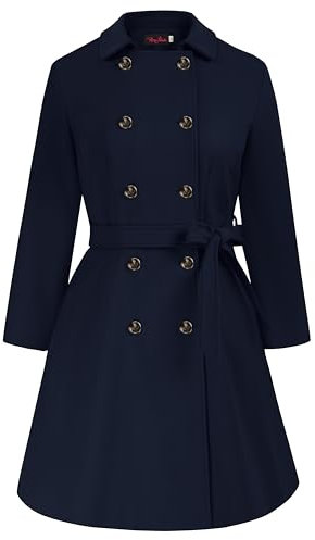 Hanna Nikole Langer Mantel Damen Große Größen Zweireihiger Wollmantel mit Taschen Gürtel Langarm Mittellanger Trenchcoat Navy Blau 50