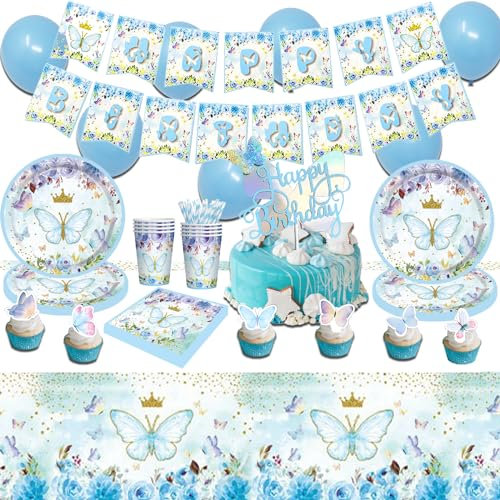 NYSLDSCO Schmetterling Geburtstag Deko, 115 Pcs Blau Schmetterlinge Mädchen Partygeschirr Set mit Schmetterlings Pappteller pappbecher, Kinder Decorations Luftballons und Servietten für 16 Gäste