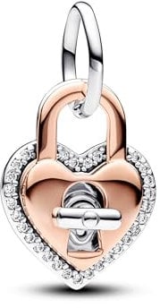PANDORA Moments Bicolor Drehbares Herz-Schloss Doppelter Charm-Anhänger aus Sterling Silber mit 14 Karat rosévergoldeter Metalllegierung, Zirkonia, Kompatibel Moments Armbänder, 783079C01