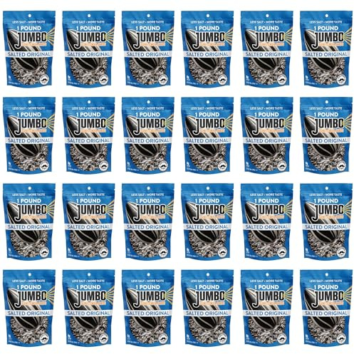 JUMBO Sunflower Seeds to Eat, Salted Original, 1 lb (16 oz) Bags (24 Pack) - Bulk Case, Roasted In-Shell Jumbo Seeds, Resealable Bags