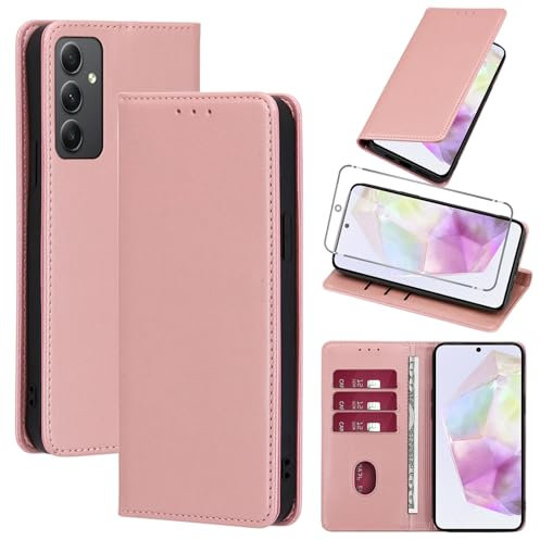 Vauki Cover per Samsung Galaxy A35 5G con 1 Vetro Temperato Custodia in Pelle PU Slot Schede Flip TPU Silicone Case Supporto Stand Magnetica Antiurto Caso per Samsung Galaxy A35 5G 6.6,Rose-Gold
