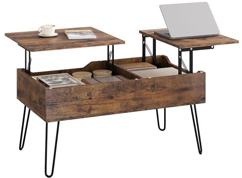 WOLTU Couchtisch höhenverstellbar, Beistelltisch mit doppelter Hebeplatten, Lift-Top-Tisch, Wohnzimmertisch, versteckter Stauraum,Vintage-Braun, Holzwerkstoff Metall,BTS14shm