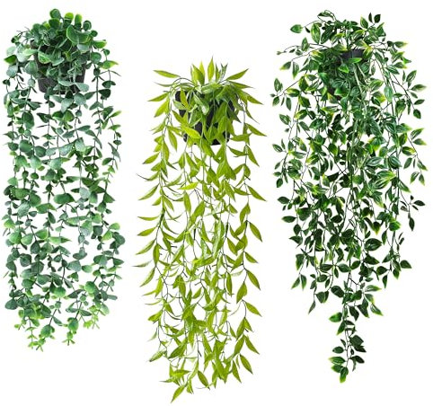 ROLLWAY 3Pcs Plante Artificielle Tombante avec Pot, Fausse Plante Tombante Artificielle, Vert Plantes Artificielles Interieur Petite Plantes Artificielles Suspendues Interieur Fausse Plante Tombante