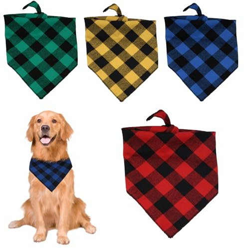 4er Set Klassisches Kariertes Hundehalstuch aus Baumwolle, Halstuch Hund Kariert, Waschbare Halsdreiecke aus Baumwolle Hundehalstücher, für Kleine und Mittelgroße Haustiere (64x45x45 cm)