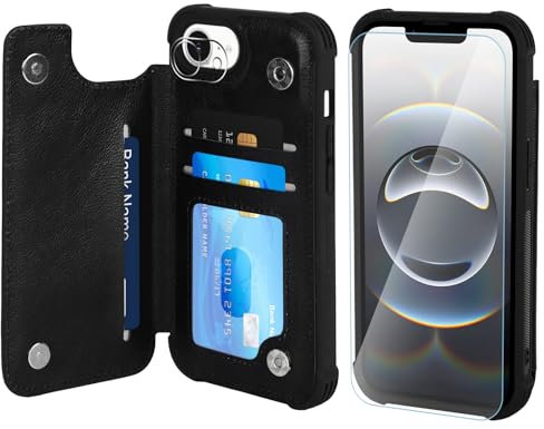 VANAVAGY Wallet Case Compatible for iPhone 16E with Credit Card Holder,Rfid Block Leather Flip Folio Phone Cover Fits Magnetic Car Mount and Stand with Screen Camera Protector,Black