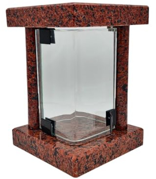 Gravlykta kyrkogård väderbeständig – handgjord gravlampa av granit (6 kg), 23 x 16 x 16 cm, för ljus upp till Ø 8 cm och 16 cm. Svart, grå, röd. Med eller utan minnessida (röd utan minnessida)