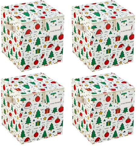 VENO 4 Pack Christmas Ornament Storage Box, Stores up to 64 Holiday Ornament, Adjustable Dividers, Zippered Top, Two Handles and Dual Zipper (Jingle Mix - 4 Pack)