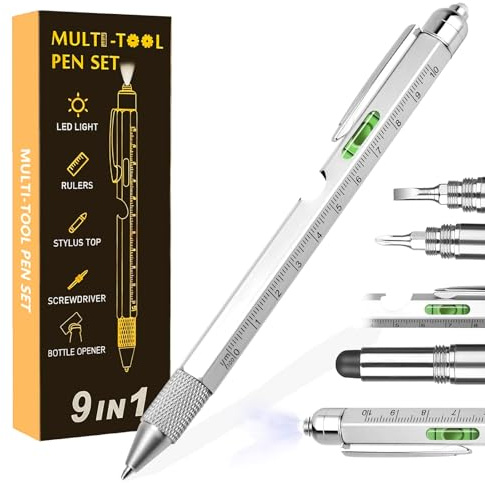 InYoHui 9 in 1 Multi Tool Pen Gifts for Him Men Stocking Stuffers | Aluminium multi tool pen with LED light, bottle opener, phone stand, ruler, spirit level, stylus, 2 screwdrivers. Gift boxed.