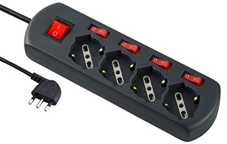 Electraline 61912 Multipresa 4 Posti Polivalenti Schuko, 4 Interruttori Indipendenti, 4 Prese Universali, Cavo di 1.5 m, Nero