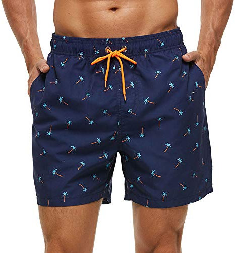 HLVEXH Costumi da Bagno da Uomo Palma da Cocco Stampata Costume da Bagno Hawaiano Asciugatura Veloce Pantaloncini da Surf da Spiaggia con Tasche Blu Navy S