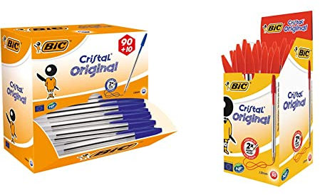 BIC cristal original caja de 100 unidades, bolígrafos punta media 1.0 mm + Cristal Original Caja de 50 unidades bolígrafos punta media (1,0 mm), color rojo material oficina, material escolar