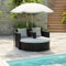 SKM Lit de Jardin avec Parasol Noir Résine tressée