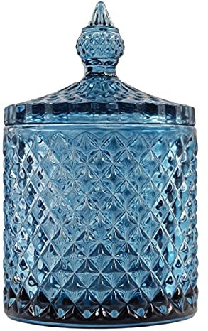 Sizikato Diamond Faceted Crystal Glass Candy Jar with Lid, Blue Decorative Jar, Jewelry Box, Cotton Swab Storage Holder.