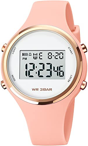 Uhren Damen Digitale Armbanduhr Frauen Kinderuhr Mädchen Multifonktion Damenuhr Digital Silikon Armband mit Licht Alarm Stoppuhr Rosegold