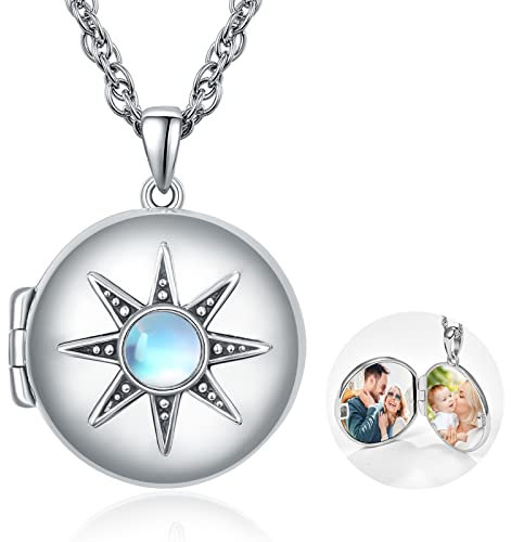 TANGPOET Medaillons Halskette Sonne Foto Halskette, die Bilder hält 925 Sterling Silber Runde Mondstein Memory Anhänger Geburtsstein Schmuck Geschenke für Frauen Freundinnen