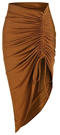ZAFUL Skirts for Women Sexy Slit Side Front Ruched Skirt High Waist Bodycon Asymmetrical Drawstring Skirt(L,BA-Coffee)