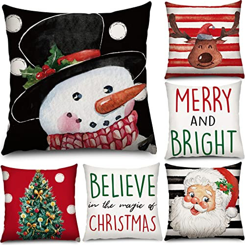 Tatuo 6 Stück Weihnachten Deko Kissenbezug 18 x 18 Zoll Kissenhülle Weihnachtsbaum Merry Christmas Schneemann Weihnachtsmann Rentier Kissenbezüge für Sofa Couch Schlafzimmer Wohnzimmer Dekoration