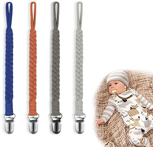 IOPYKKOA 4 Stücke Schnullerkette Baumwolle Schnullerband Mädchen und Jungs Schnullerketten Clips für Lätzchen Dreieckstuch Sauger blau