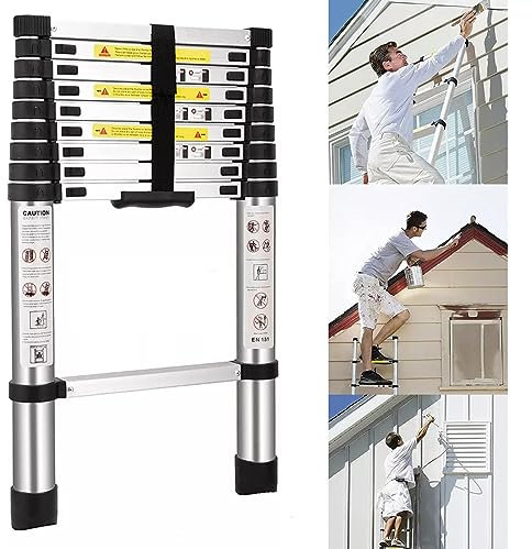 Teleskopleiter ausziehbar 2,6m Höhe Anlege- Klappleiter 150kg Belastbarkeit, 8.5ft Teleskopische Edelstahl Leiter EN131 Safe Standard 330 LB Lastkapazität