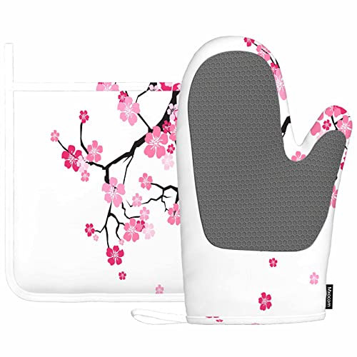 Mxocom Ein Kirschbaum Hitzebeständige Ofenhandschuhe und Topflappen Kirschblüte Sakura Blumen Rosa auf Ast Küche Rutschfest Kochen Mikrowelle Handschuhe zum Kochen Backen Grillen