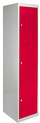 1x Schließfachschrank Spind Metallschrank Stahlschrank Umkleideschrank Schrank Locker Stahlspind Fächerschrank Aufbewahrung Turnhalle Schließfach Kleiderschrank 180cm H x 38cm L x 45cm B Rot 3-türig