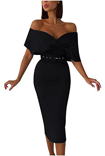 AMhomely Women Dress Sale Clearance Casual Waist Solid Belt V-Neck Dresses UK Ladies Dress Party Elegant Beach Dress Club Cocktail Work Dresses Evening Gowns Black