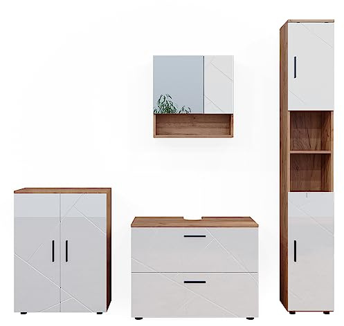 Vicco Badmöbel-Set Irma, Weiß Hochglanz/Goldkraft Eiche, 80 cm | besteht aus Waschbeckenunterschrank, Spiegelschrank, Hochschrank und Midischrank
