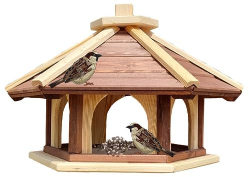 Vogel Futter Haus Futterstelle Sechseck aus Holz Vogelhaus,Vogelfutterhaus zum Stellen für den Garten.Futterstation für Wildvögel (Braun+Natur)