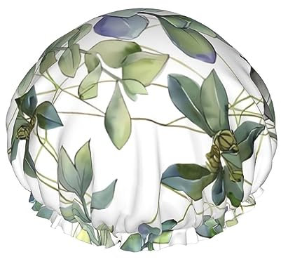 Green Eucalyptus Leaves Shower Cap For Women Waterproof Bath Cap Reusable Hair Bath Caps With Elastic Band Double Layers Shower Hats For Long Hair Spa Salon Home
