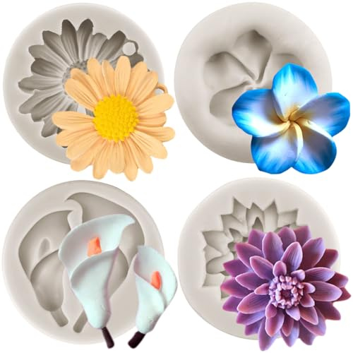 Sijiangmold Set di 4 stampi in silicone a forma di fiore di crisantemo Plumeria per fondente, margherita, calle, giglio, decorazione per torte, caramelle, argilla polimerica, cioccolato, pasta di