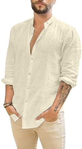 Friptspyg Linen Shirts Mens Long Sleeve Button Down Beach Causal Shirts for Men Adult, Beige S
