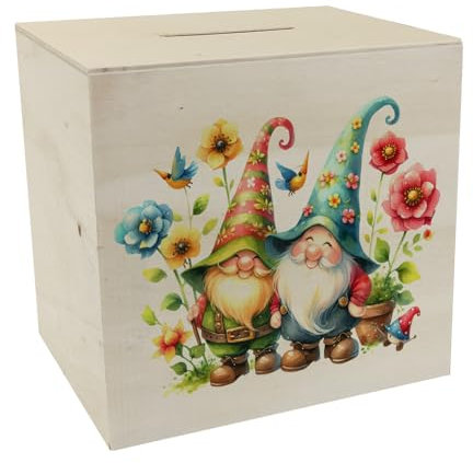 Gartenzwerge mit Blumen Spardose aus Holz Freche Gartenzwerge Schelmische Wichtel Figuren Kecke Zwerge Spardose aus Holz für Ihren Garten