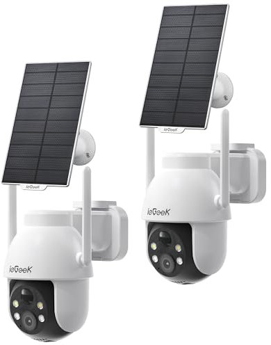 ieGeek 2K Solar Security Camera Outdoor Wireless(2pcs), 360° Pan Battery Camera with Solar Panel, Wifi CCTV Camera Systems, Color Night Vision, PIR Motion Detection, 2-Way Audio, Works with Alexa