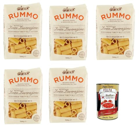 Italian Gourmet Bundle Mezzi Rigatoni N°51 5x 500g + Italian Gourmet Polpa Gratis – italienische kurze Röhrenpasta aus Hartweizengrieß, gerillte Pasta al Bronzo, Mezzi Rigatoni für Tomatensauce, Ragù