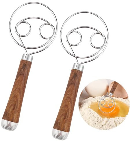 2PCS Fouet Cuisine, Manche en bois Fouet Plat, Acier Inoxydable 304 Fouet Patisserie, Fouet Magique, Fouet Manuel Quatre Cercles Fouet Cuisine Professionnel Mélangeur de Pâte à Pain Patisserie Pizza