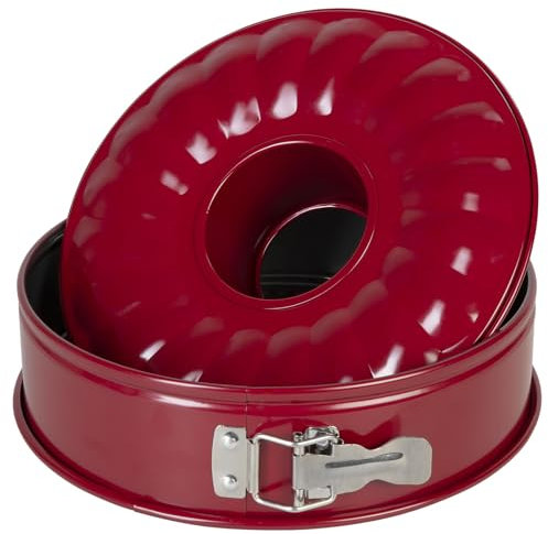 wenco Springform 26 cm, Kuchenform mit Flach- und Rohrboden, 2 Böden, runde Backform, auslaufsicher, antihaftbeschichtet, rot
