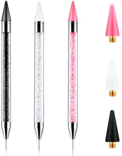 3 pcs Rhinestone Picker Tool Wax Pen Set Double-Ended Nail Rhinestone Pen with Extra Wax Tips Precision for Nail Art, Gemstone, Crystal, and DIY Decoration (White, Black, Pink)