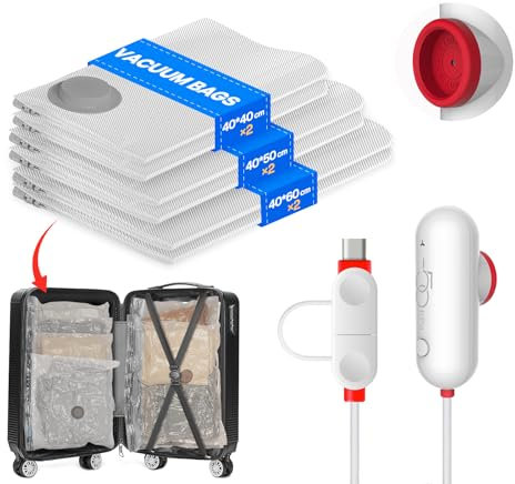 Sacchetti Sottovuoto Vestiti con Pompa USB, 6 Pezzi di Buste Sottovuoto Vestiti (2X 40*40cm, 2X 40*50cm, 2X 40*60cm), Sacchetti Sottovuoto Viaggio Riutilizzabili - Essenziali per Viaggio Salvaspazio