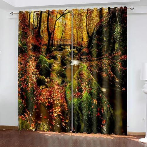Beydodo Verdunklungsvorhänge 2er Set 132x160CM, Blickdichte Vorhänge Gardinen mit Ösen Herbst Ahorn Wald und Bach Gardinen Jugendzimmer Schlafzimmer Wohnzimmer