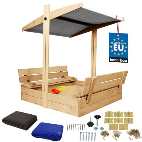 KOTARBAU® Sandkasten mit Abdeckung 100 x 100 cm Großer Naturfarbe Holzsandkasten mit Grau Dach Sandkasten mit Deckel Sandkasten mit Dach Gartenspielzeug Kinder imprägniert verschließbar mit Bänken