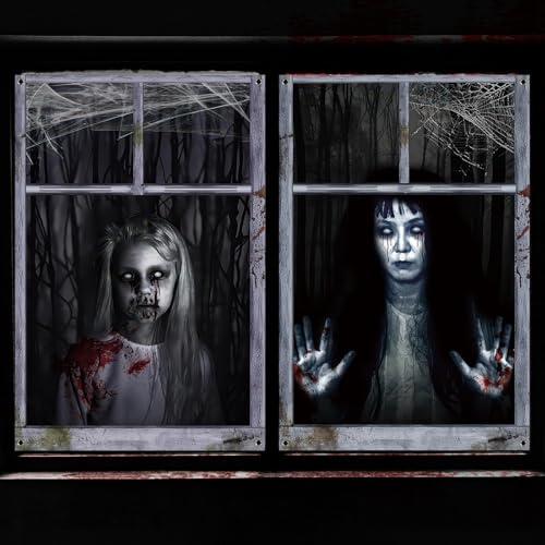 SPERMUOY Gruselig Halloween Fensterbilder 2 Stück Halloween Fensterdeko Gruseliger Vorhang 120 x 80cm Hallowee-n Deko Fenster Horror Party Dekor