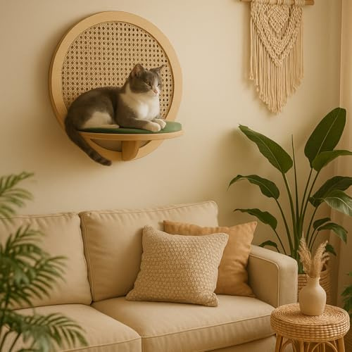 OliwoodCnc Katzen Wandbett aus Birke mit Rattan Muster – Wandregal mit Samtkissen, 58 cm breit, bis 25 kg belastbar, Boho Katzenmöbel, abnehmbares & waschbares Kissen