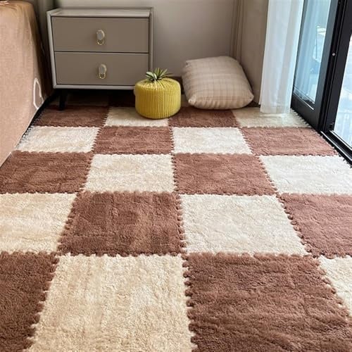 BESTORI 16 Stück Ineinandergreifende Plüsch Schaumstoffmatte, 30 x 30 cm Teppichfliesen, Puzzle Spielmatte Für Wohnzimmer Schlafzimmer Khaki/Braun