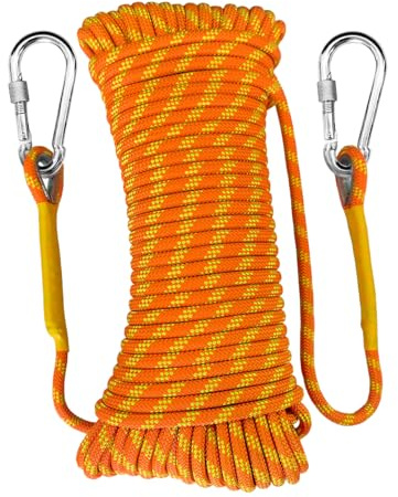 HUYEZybflt Corde Statique Escalade 12mm 10m 2 mousquetons Sac Rangement | Nylon haute résistance certifié UIAA adapté au sauvetage, alpinisme et travaux extérieurs, orange fluorescent